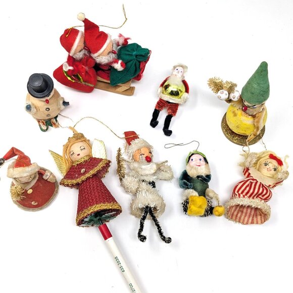 Vintage 50s Christmas Ornaments Japan Spun Cotton Pipe cleaner Felt Putz Lot 9 - Picture 2 of 16